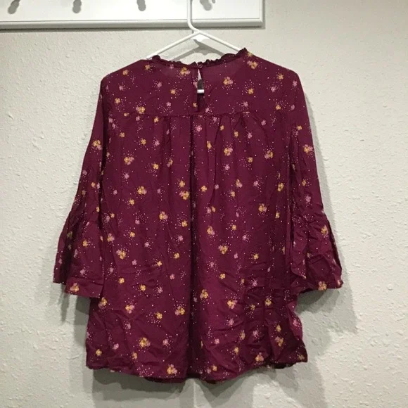 Old Navy Floral Boho Peasant Blouse L Ruffle Neck Bell Sleeves Ladder Lace Top - Picture 6 of 6